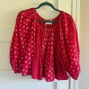 100% cotton block, print puff sleeve BoHo top in watermelon pink red